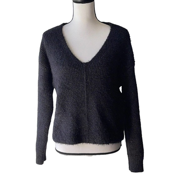 Abound Size S Black and Silver Metallic Stretch V-Neck Cropped Sweater - New - Picture 1 of 4